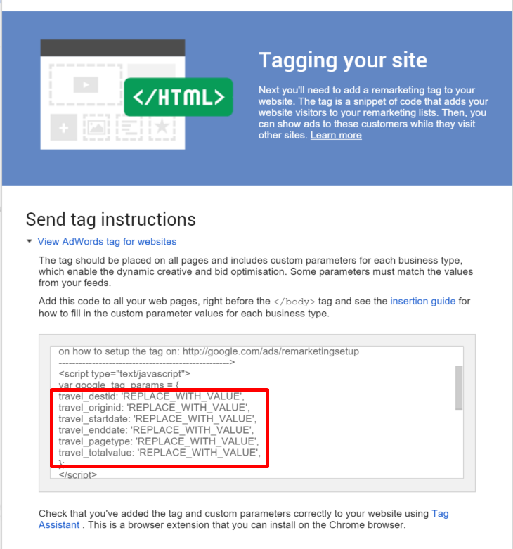 dynamic remarketing travel tag code instructions