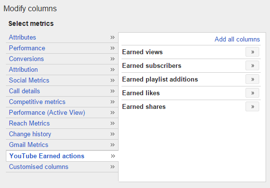 youtube earned acion metrics