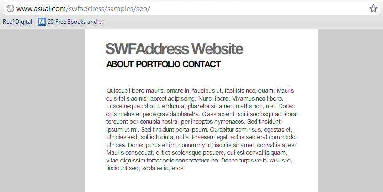 SWFAddress SEO demonstration site screenshot. No problems detected in URL because no # tag present.