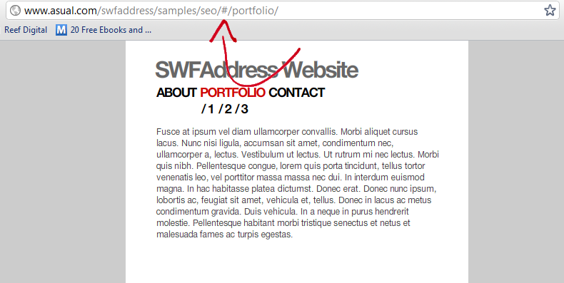 SWFAddress Portfolio page. Problem detected as # tag present in URL, blocking everything after from being indexed by search engines