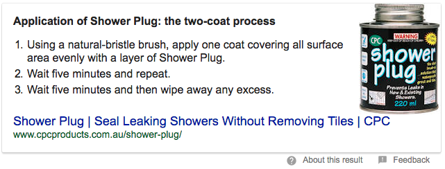 Showerplug featured snippet screenshot numbered list